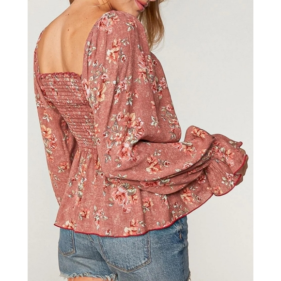 Mauve floral boho smocked off the shoulder lantern sleeve peplum babydoll top - Picture 5 of 6